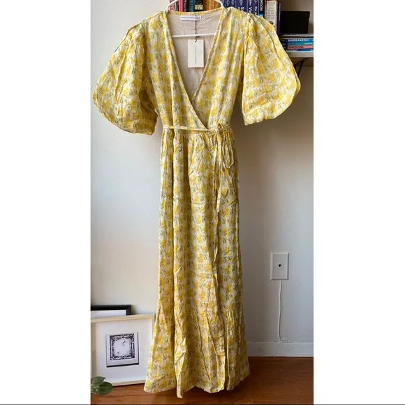 Faithfull the Brand Thulla Floral Print Linen Wrap Midi Dress - Picture 2 of 9